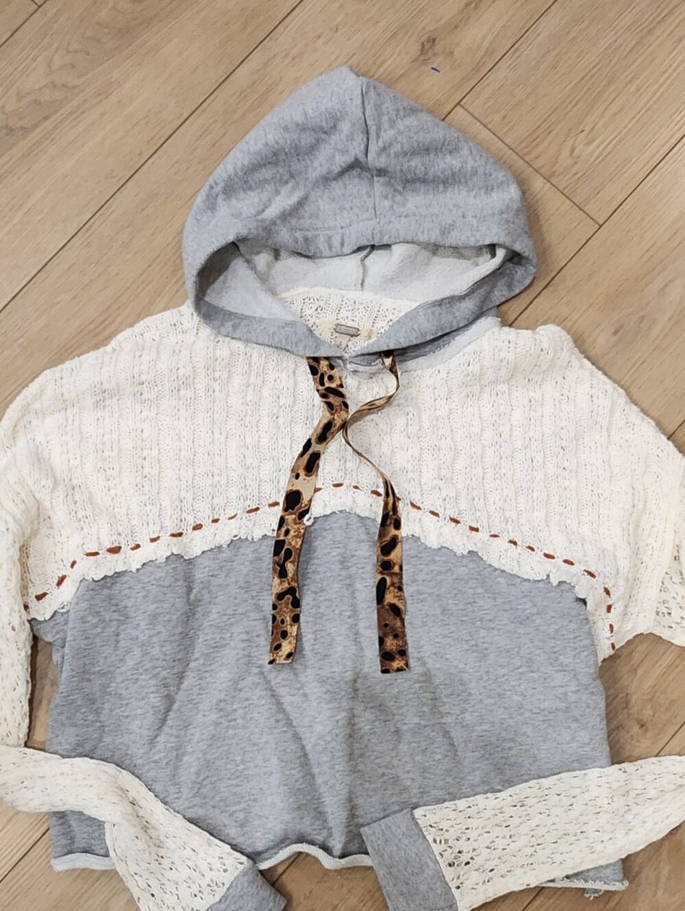 Xhilaration Gray and Ivory Lace Pullover Hoodie with Leopard Drawstring